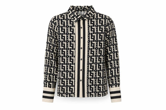 Front view of Chic Me women’s black geometric polyester basic button-up, size M, collared