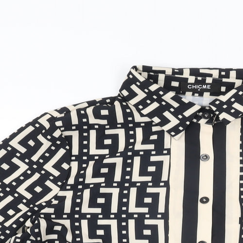 Chic Me Womens Black Geometric Polyester Basic Button-Up Size M Collared