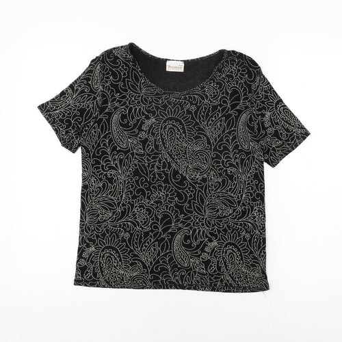 Roman Womens Black Floral Acetate Basic T-Shirt Size S Round Neck