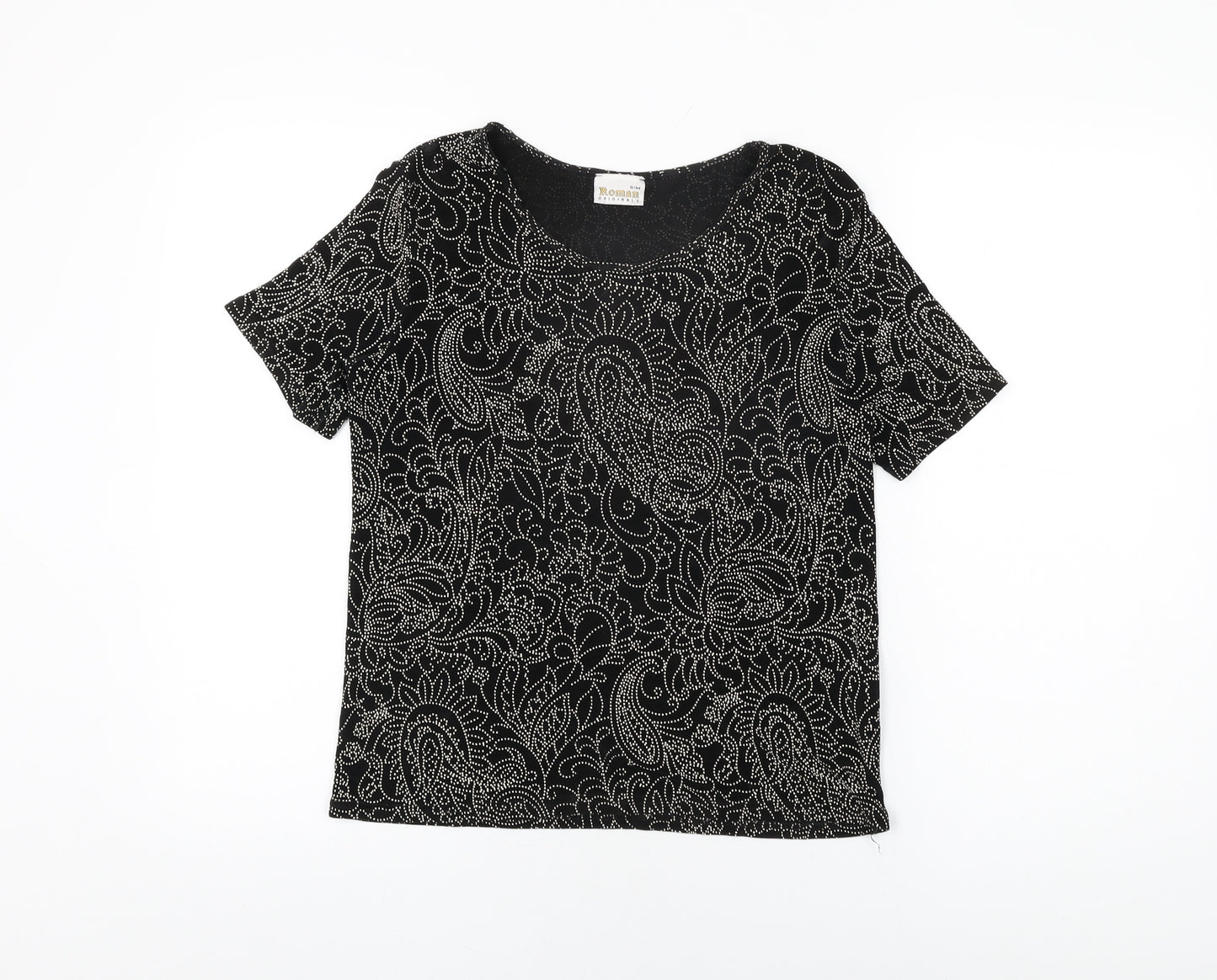 Roman Womens Black Floral Acetate Basic T-Shirt Size S Round Neck