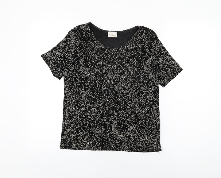Roman Womens Black Floral Acetate Basic T-Shirt Size S Round Neck