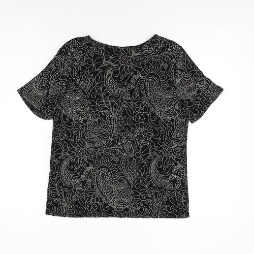 Roman Womens Black Floral Acetate Basic T-Shirt Size S Round Neck