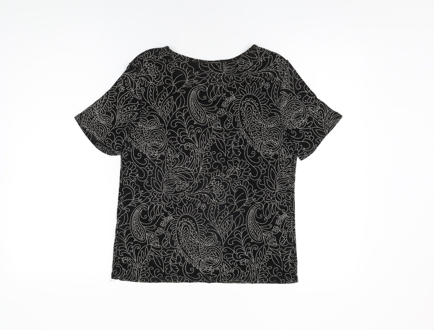 Roman Womens Black Floral Acetate Basic T-Shirt Size S Round Neck
