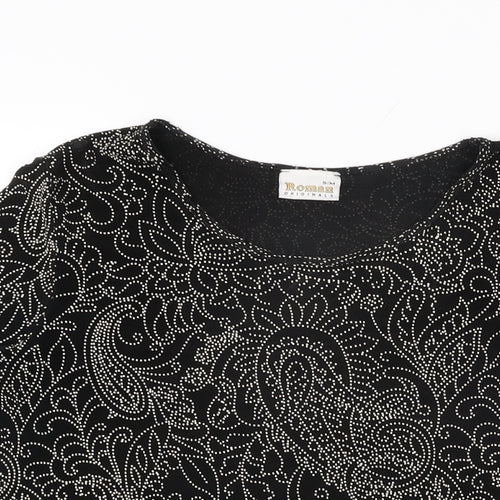 Roman Womens Black Floral Acetate Basic T-Shirt Size S Round Neck