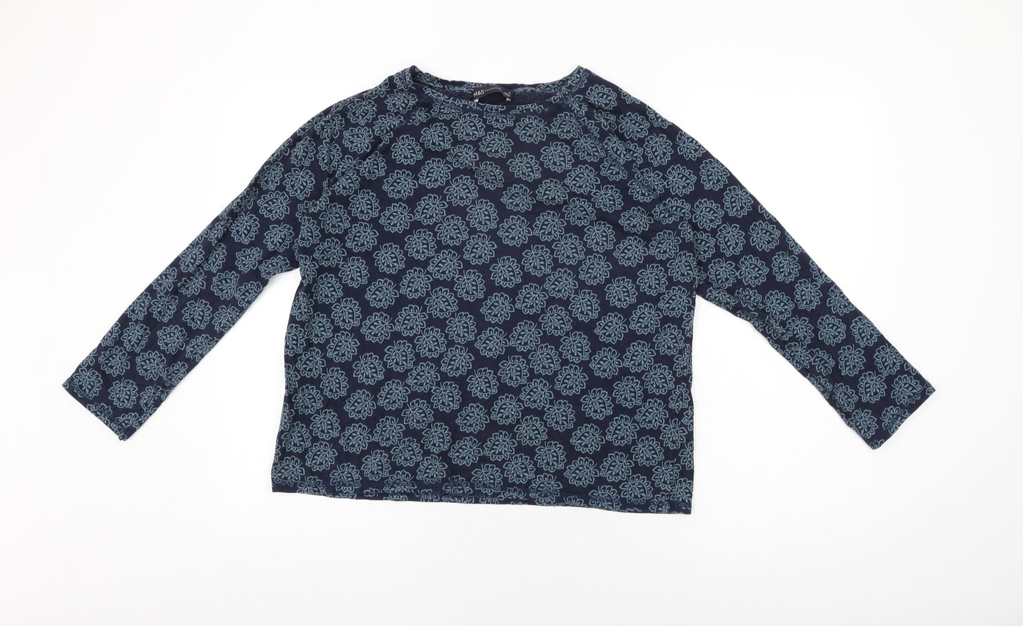 Marks and Spencer Womens Blue Geometric Cotton Basic T-Shirt Size 16 Round Neck