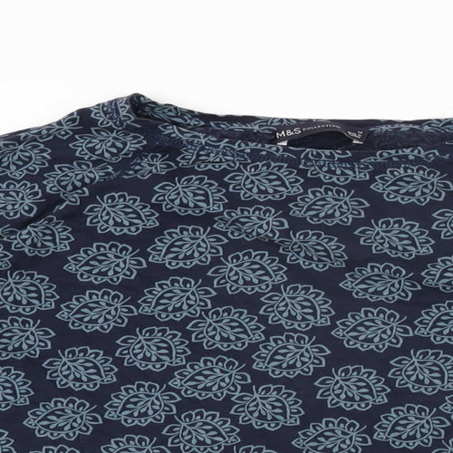 Marks and Spencer Womens Blue Geometric Cotton Basic T-Shirt Size 16 Round Neck