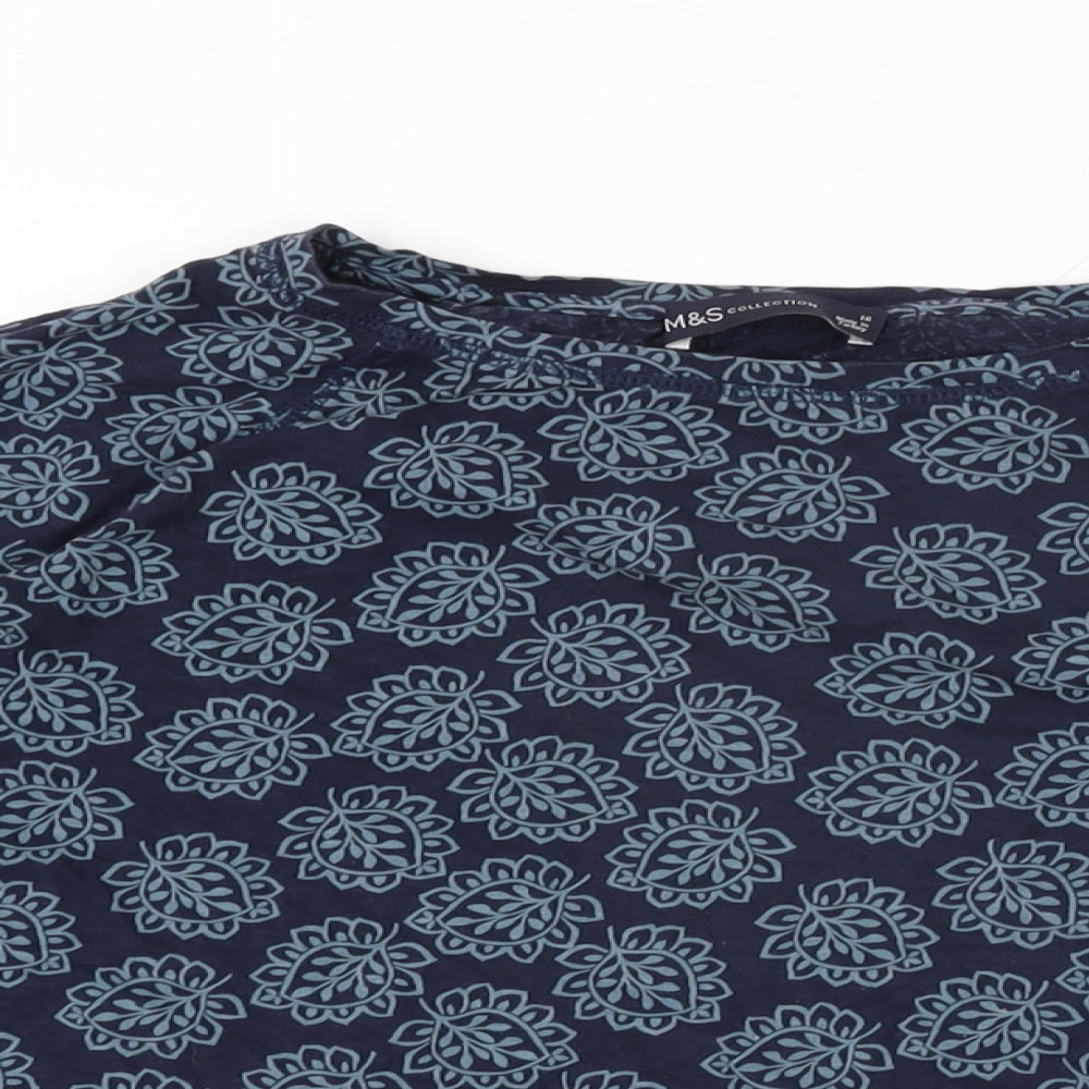 Marks and Spencer Womens Blue Geometric Cotton Basic T-Shirt Size 16 Round Neck