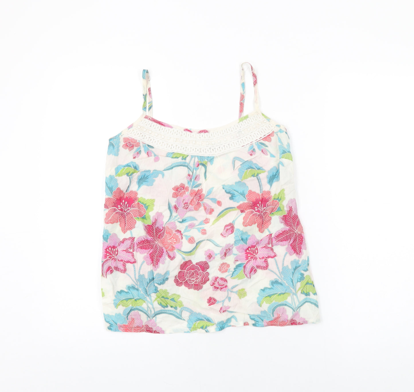 Monsoon Womens White Floral Cotton Basic T-Shirt Size 8 Round Neck