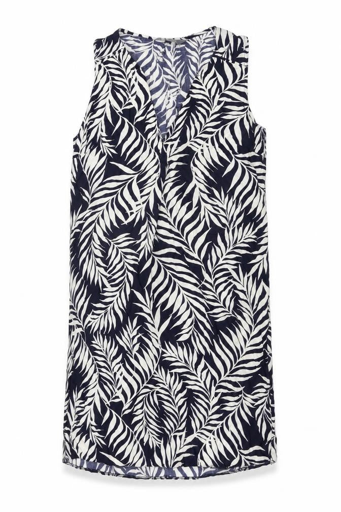 Front view of Principles women’s blue geometric viscose shift, size UK 10, v-neck pullover