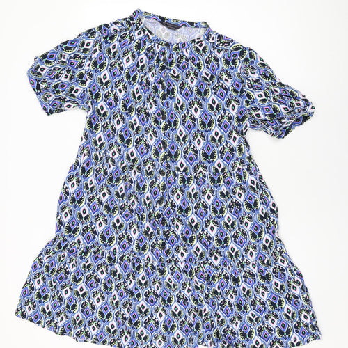 Marks and Spencer Womens Blue Geometric Viscose Shift Size 12 Round Neck Button