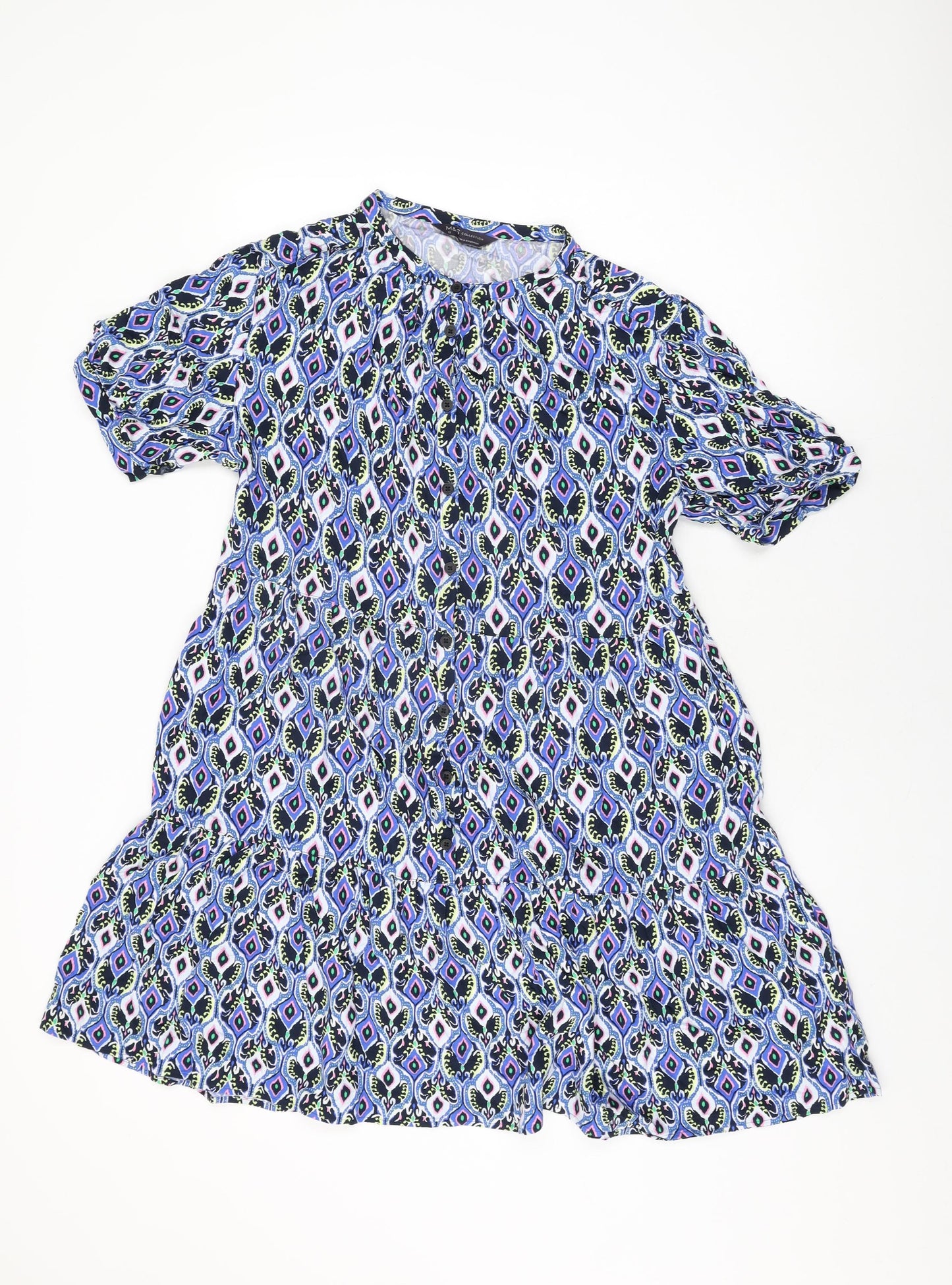 Marks and Spencer Womens Blue Geometric Viscose Shift Size 12 Round Neck Button