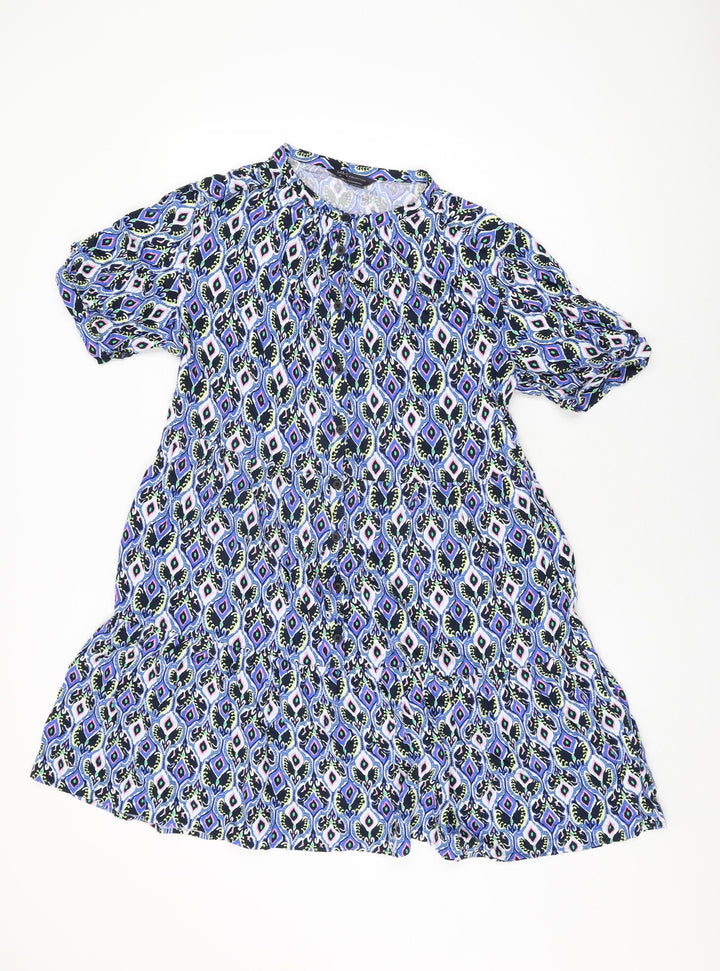 Marks and Spencer Womens Blue Geometric Viscose Shift Size 12 Round Neck Button