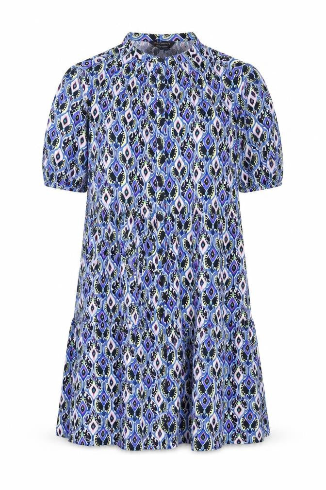 Front view of Marks & Spencer women’s blue geometric viscose shift, size UK 12, round neck button