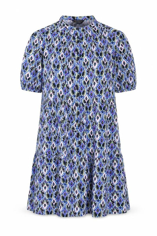 Front view of Marks & Spencer women’s blue geometric viscose shift, size UK 12, round neck button