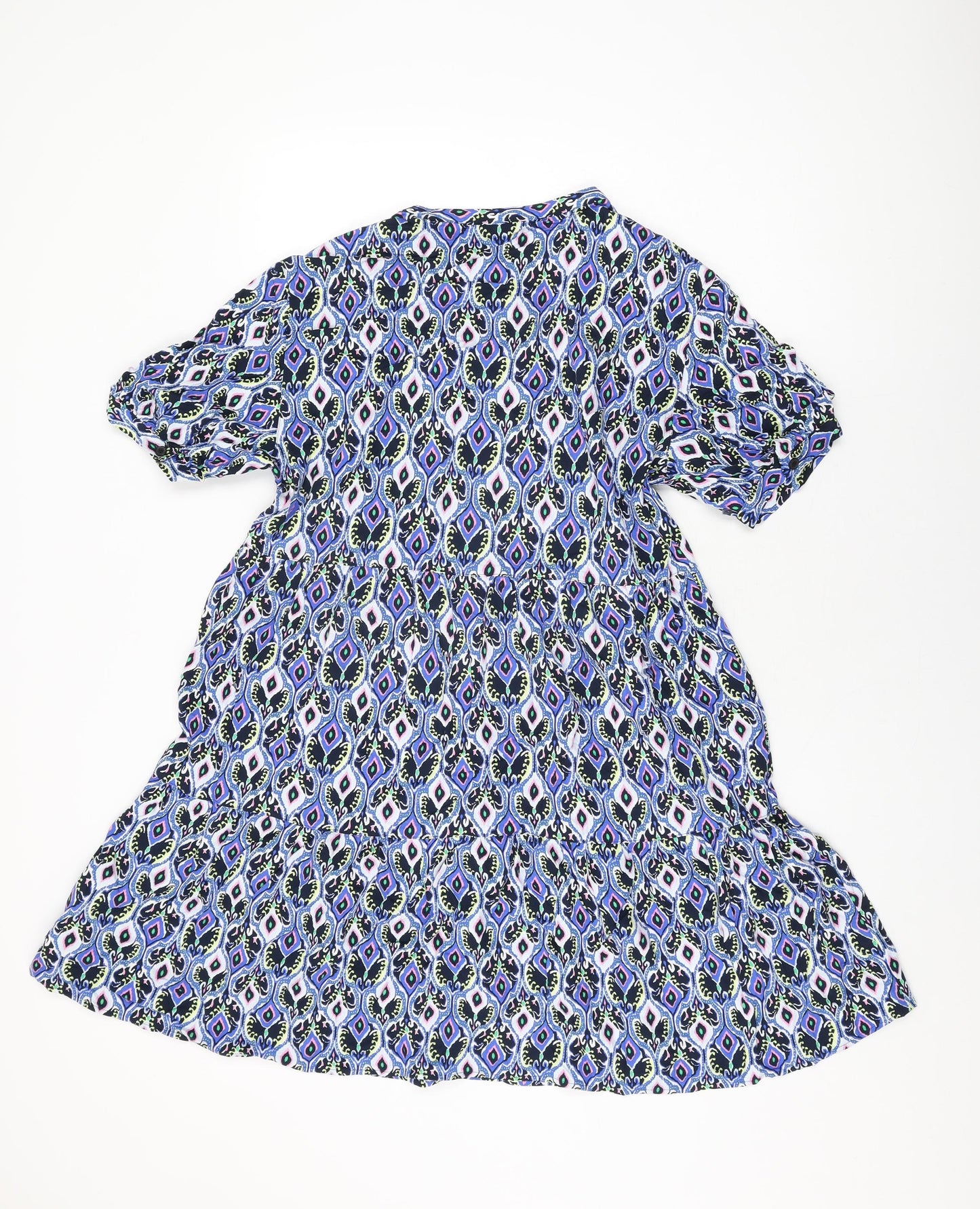 Marks and Spencer Womens Blue Geometric Viscose Shift Size 12 Round Neck Button