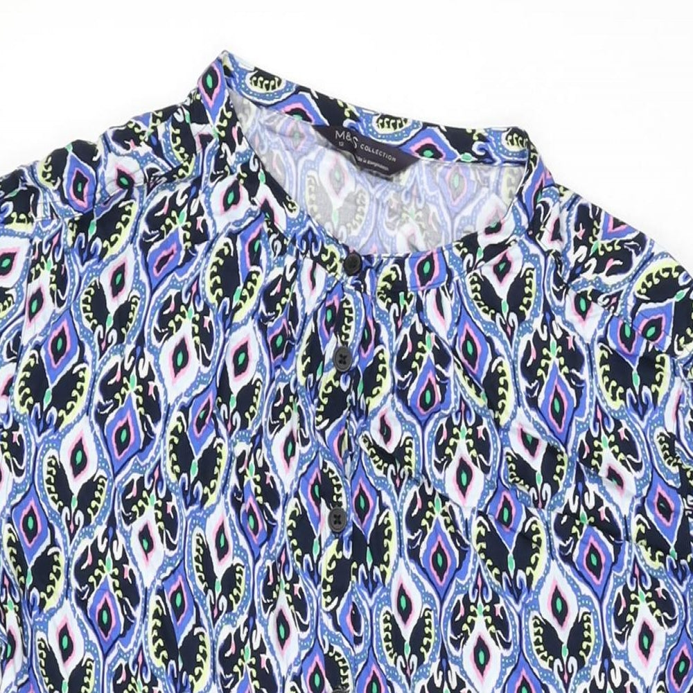 Marks and Spencer Womens Blue Geometric Viscose Shift Size 12 Round Neck Button