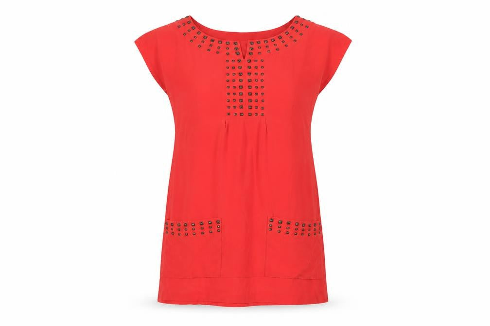 Front view of Marks & Spencer women’s red silk shift, size UK 6, round neck zip