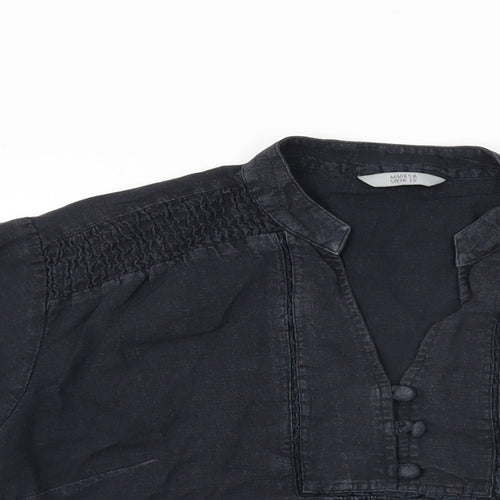 Marks and Spencer Womens Black Linen Basic T-Shirt Size 12 V-Neck