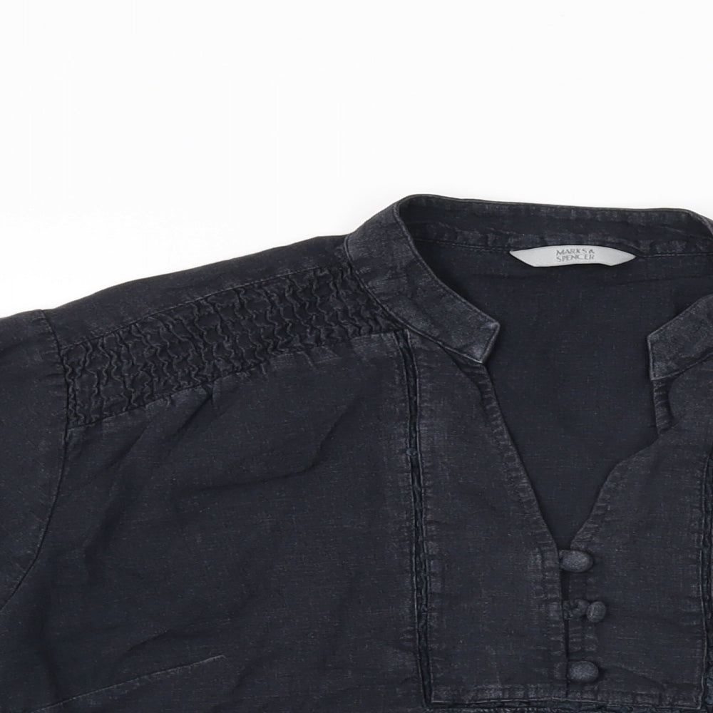 Marks and Spencer Womens Black Linen Basic T-Shirt Size 12 V-Neck
