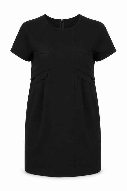Front view of Soggo Collection women’s black polyester shift, size S, round neck zip