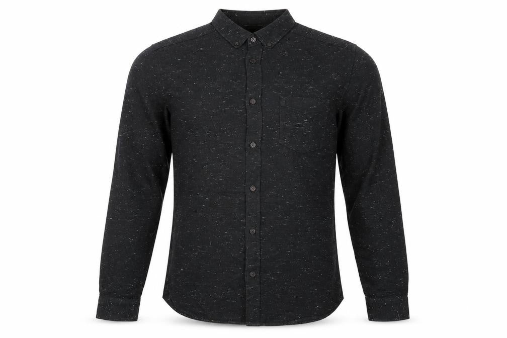 Front view of H&M men’s black cotton button-up, size S, collared button