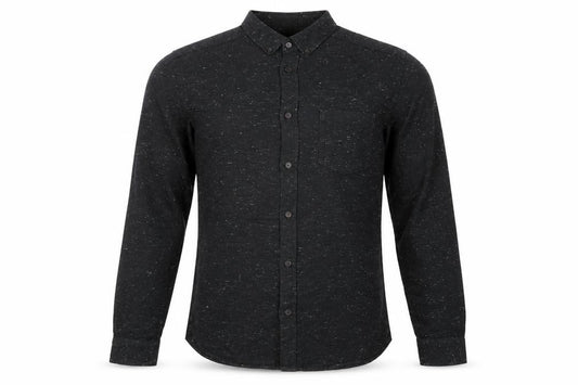 Front view of H&M men’s black cotton button-up, size S, collared button