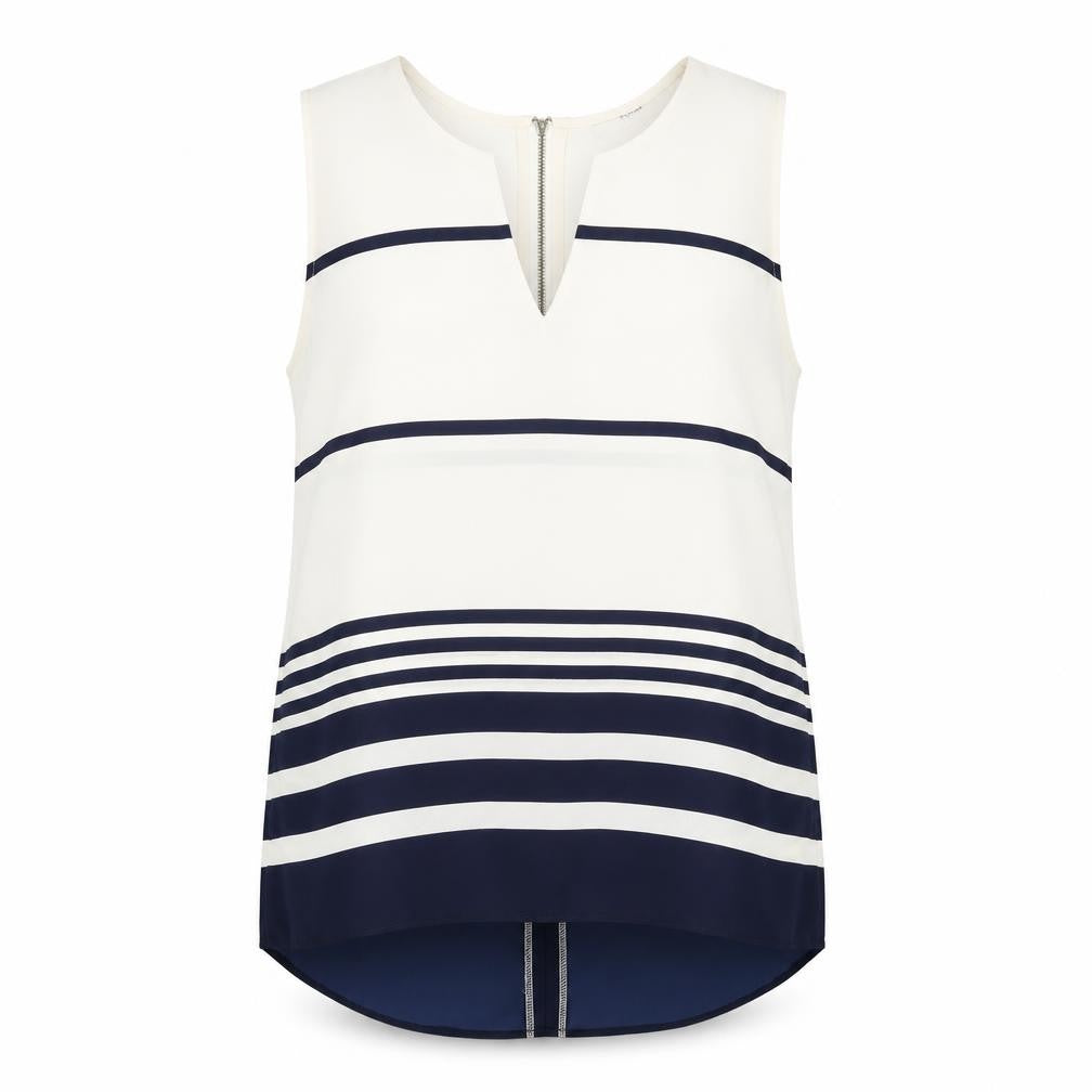 Front view of Next women’s white striped polyester basic blouse, size UK 12, v-neck