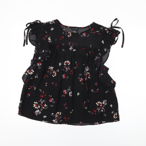 New Look Womens Black Floral Polyester Basic Blouse Size 12 Round Neck