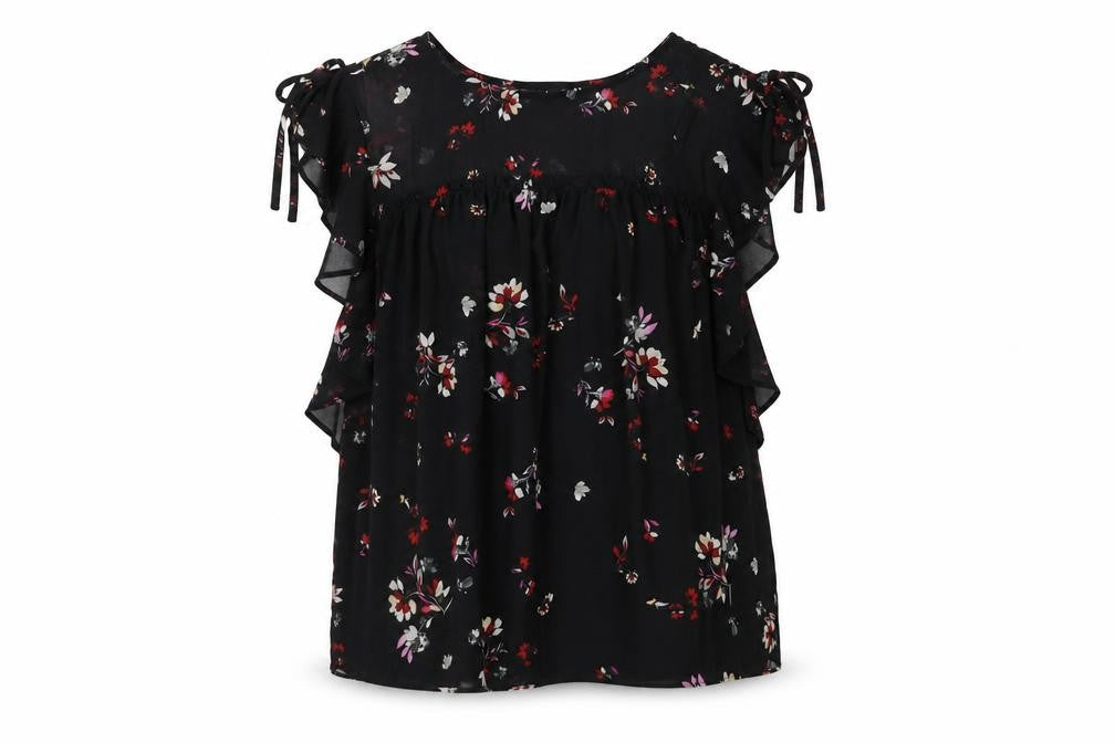 Front view of New Look women’s black floral polyester basic blouse, size UK 12, round neck