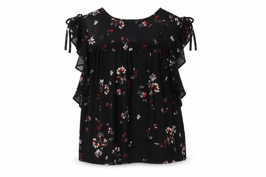 Front view of New Look women’s black floral polyester basic blouse, size UK 12, round neck