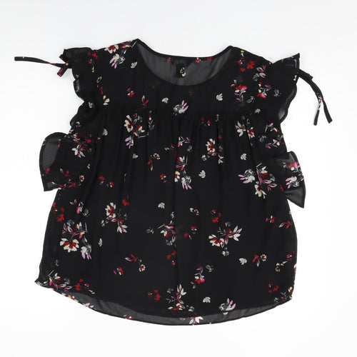 New Look Womens Black Floral Polyester Basic Blouse Size 12 Round Neck