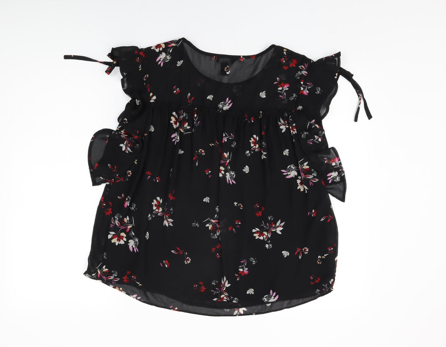 New Look Womens Black Floral Polyester Basic Blouse Size 12 Round Neck