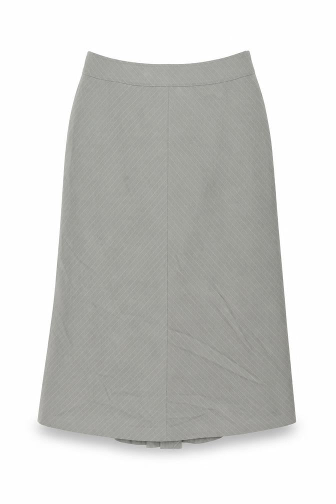 Front view of Per Una women’s grey striped polyester swing skirt, size UK 14, zip