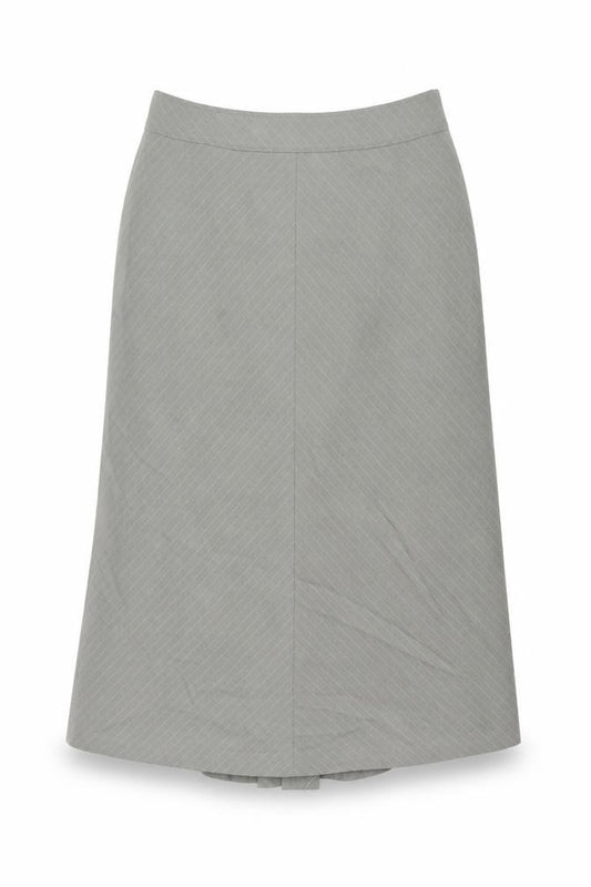 Front view of Per Una women’s grey striped polyester swing skirt, size UK 14, zip
