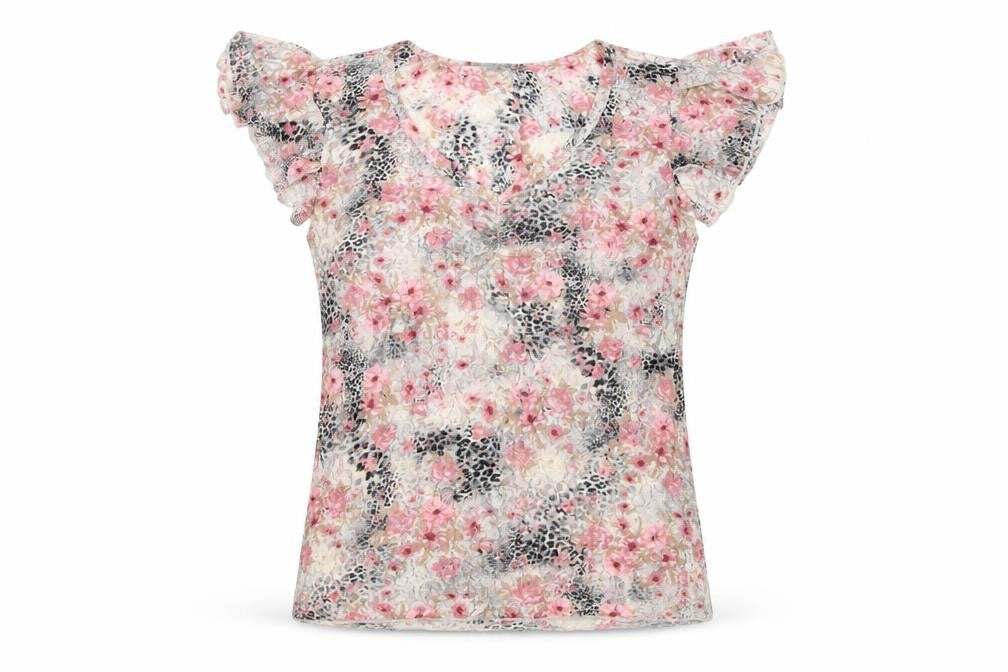 Front view of Per Una women’s multicoloured floral polyamide basic t-shirt, size UK 12, v-neck