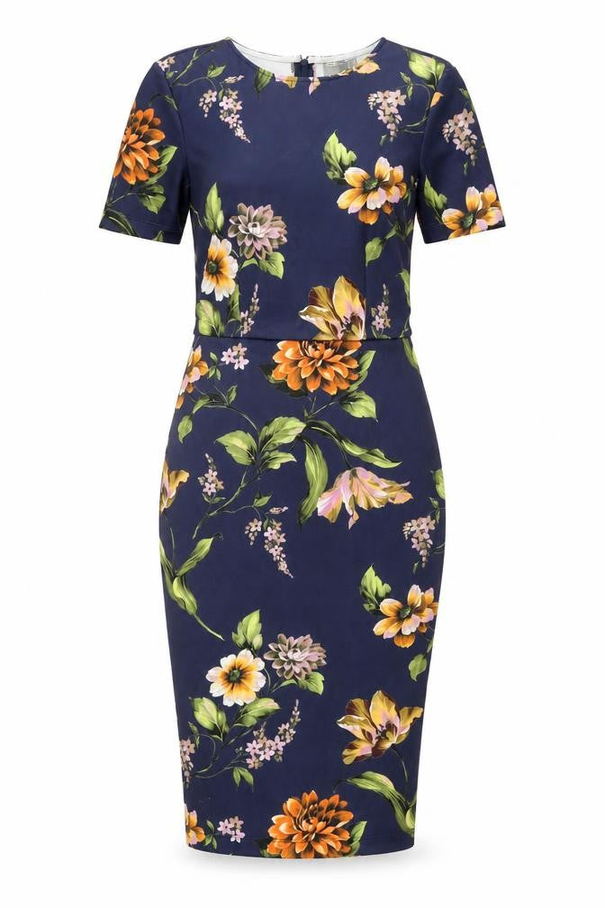 Front view of ASOS women’s blue floral polyester bodycon, size UK 10, round neck zip