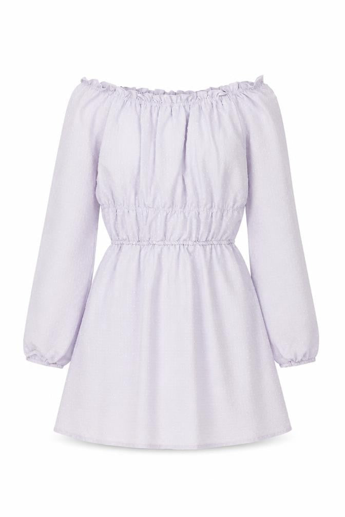 Front view of H&M women’s purple geometric polyester shift, size S, off the shoulder pullover