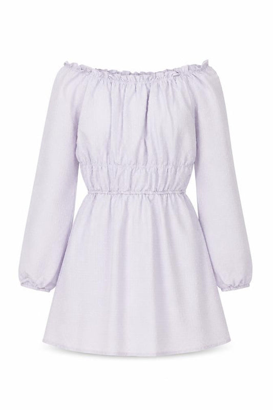 Front view of H&M women’s purple geometric polyester shift, size S, off the shoulder pullover