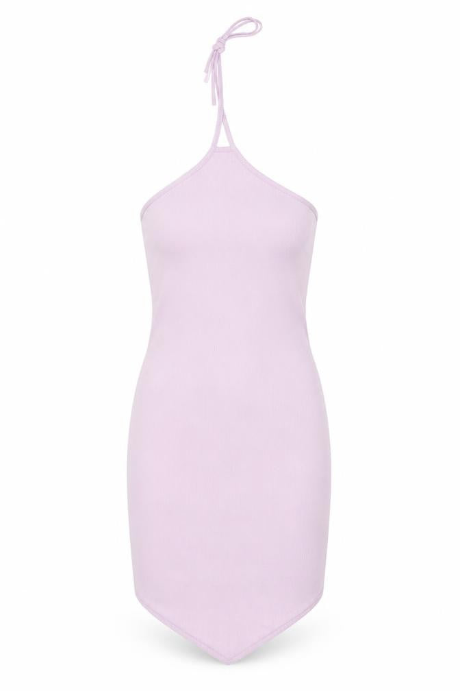 Front view of Ayanapa women’s purple polyester bodycon, size S, halter tie