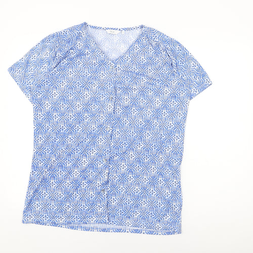 Isle Womens Blue Geometric Polyester Basic Button-Up Size 14 V-Neck - Size 14-16