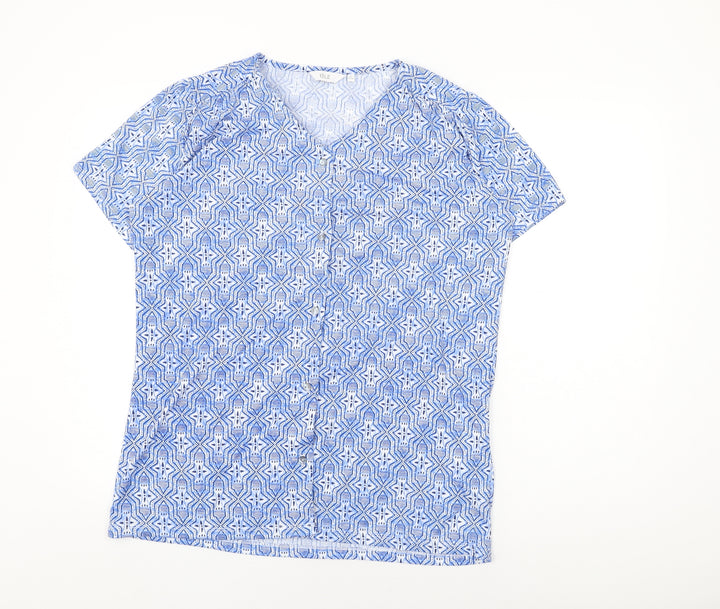 Isle Womens Blue Geometric Polyester Basic Button-Up Size 14 V-Neck - Size 14-16