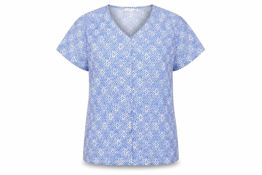 Front view of Isle women’s blue geometric polyester basic button-up, size UK 14, v-neck -, size UK 14-16