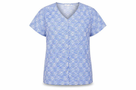 Front view of Isle women’s blue geometric polyester basic button-up, size UK 14, v-neck -, size UK 14-16