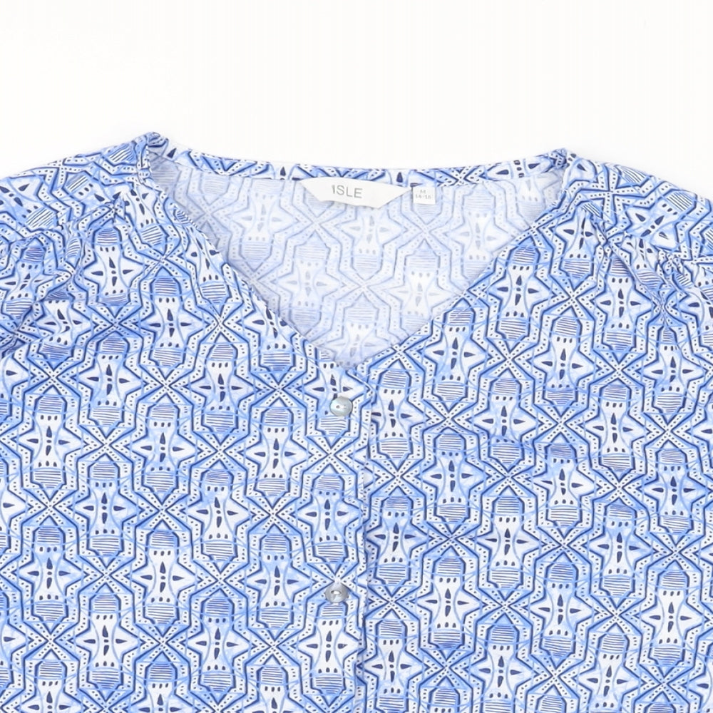 Isle Womens Blue Geometric Polyester Basic Button-Up Size 14 V-Neck - Size 14-16