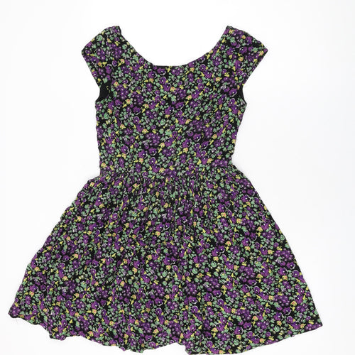 Mango Womens Black Floral Viscose Skater Dress Size M Round Neck Zip