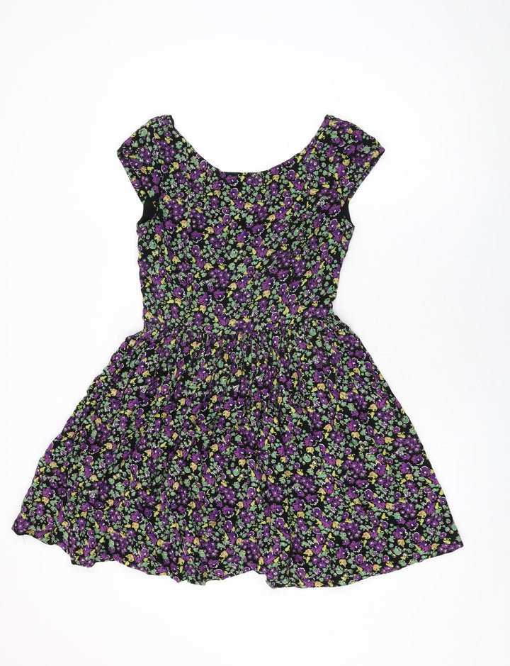 Mango Womens Black Floral Viscose Skater Dress Size M Round Neck Zip