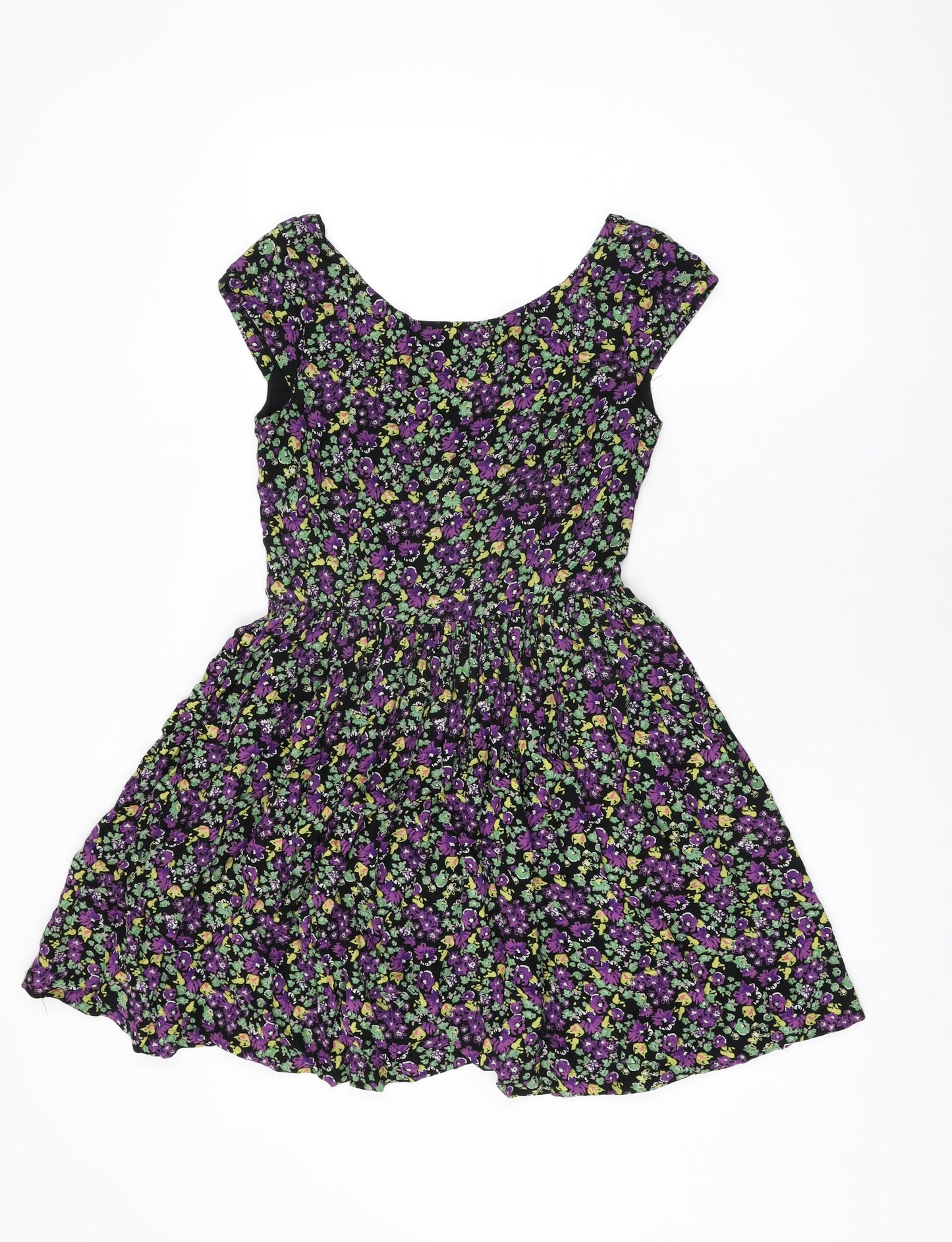 Mango Womens Black Floral Viscose Skater Dress Size M Round Neck Zip