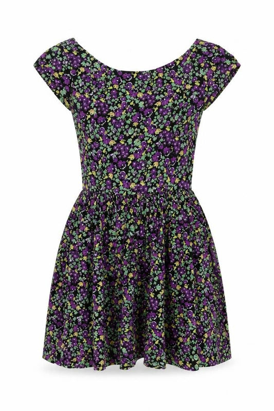 Front view of Mango women’s black floral viscose skater dress, size M, round neck zip