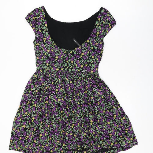 Mango Womens Black Floral Viscose Skater Dress Size M Round Neck Zip