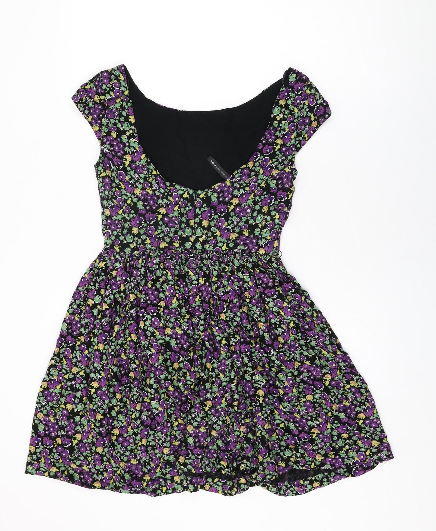 Mango Womens Black Floral Viscose Skater Dress Size M Round Neck Zip